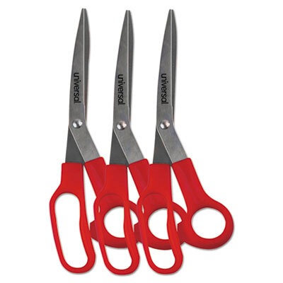 UNV92019 Stainless Steel Scissors, 7 3/4" Length, 3" Cut, Bent Handle, Red, 3/pack