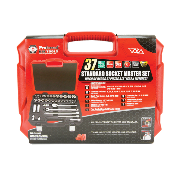 S01002 PROFERRED SOCKET MASTER SET 37 PIECE 3/8" DRIVE SOCKET MASTER SET (SAE & METRIC) 3/8" DRIVE