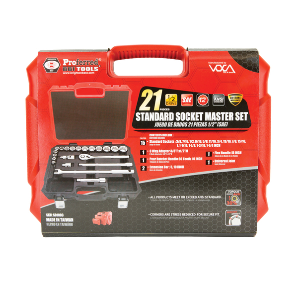S01003 PROFERRED SOCKET MASTER SET 21 PIECE 1/2" DRIVE SOCKET MASTER SET (SAE) 1/2" DRIVE