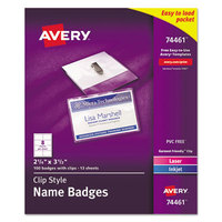 AVE74461 Badge Holder Kit w/Laser/Inkjet Insert, Top Load, 2 1/4 x 3 1/2, White, 100/BX
